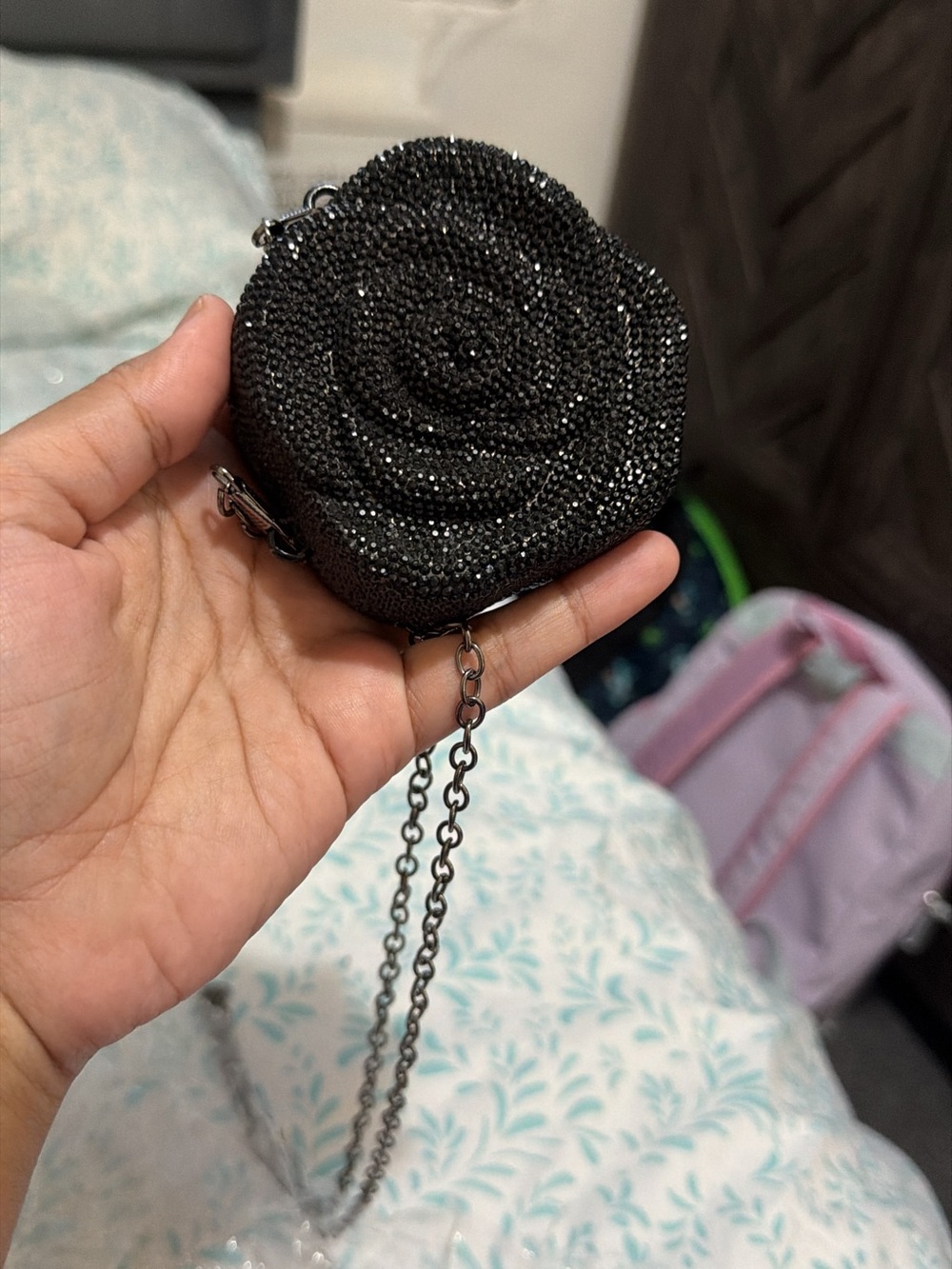 Handmade Black Beaded Rose Clutch with Chain Strap